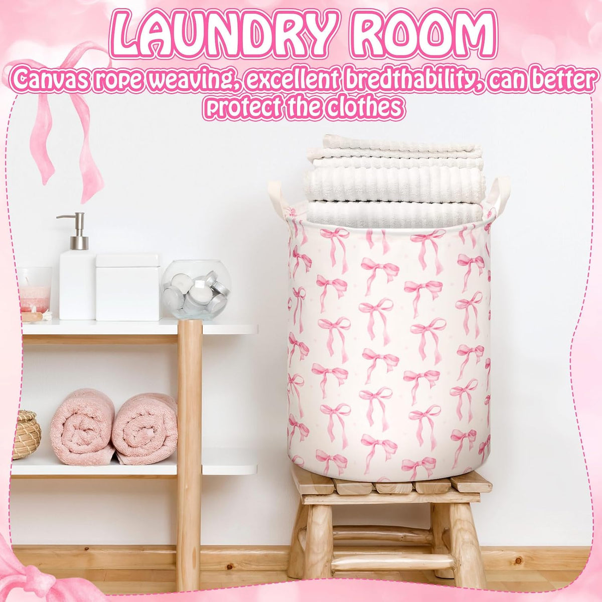 CroBlissful 1 Pcs Coquette Pink Bow Laundry Basket Pink Bow Nursery Laundry Basket Hamper Waterproof Collapsible Storage Bin Organizer for Bedroom Bathroom Room Dorm Clothes Toys