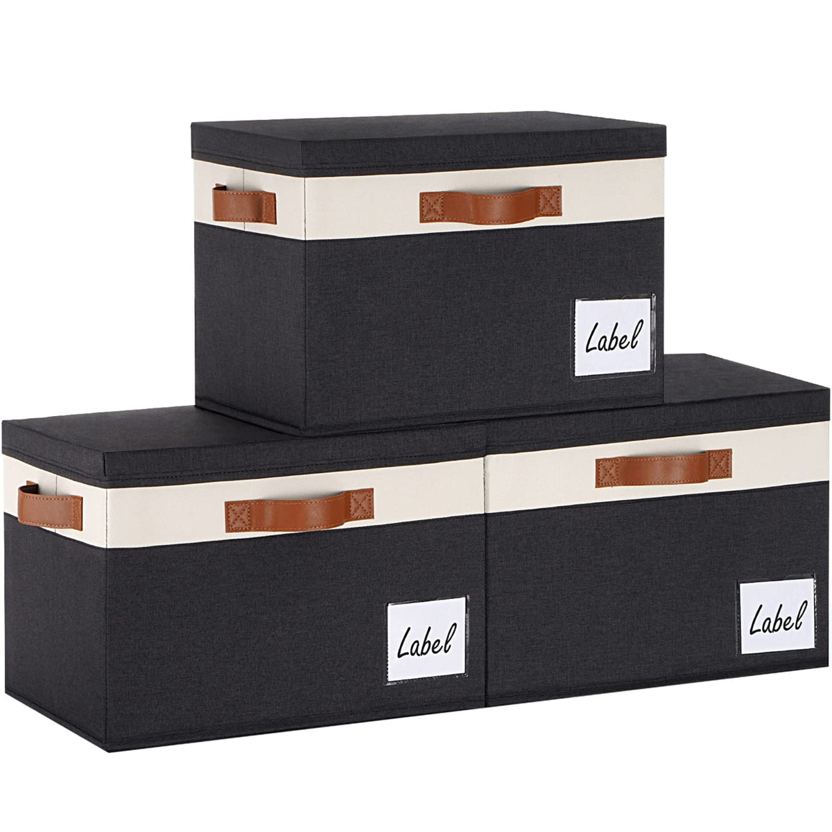 Large Storage Bins with Lids, Foldable Fabric Storage Baskets with Lids, Sturdy Storage Boxes with Labels and 3 PU Handles for Closet Home Bedroom Office (26L, 3 Packs, Grey&Black)