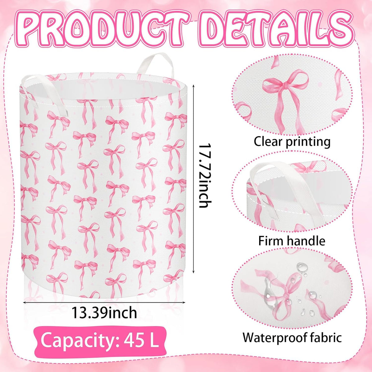 CroBlissful 1 Pcs Coquette Pink Bow Laundry Basket Pink Bow Nursery Laundry Basket Hamper Waterproof Collapsible Storage Bin Organizer for Bedroom Bathroom Room Dorm Clothes Toys