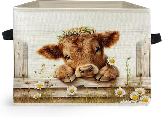 Rustic Daisy Floral Highland Cow Storage Box Bins, Highland Cow Gifts Collapsible Storage Basket Organizer for Bedroom Laundry Room Kids Nursery Clothes Books, Decor for Room