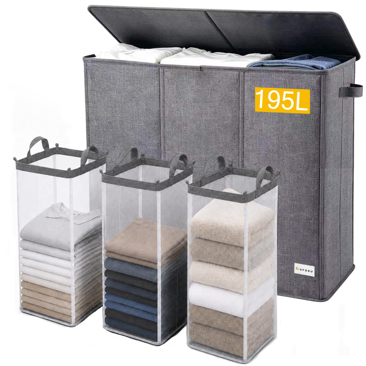 UFORU 195L Laundry Hamper with Lid, 3-Section Sorter for Bedroom & Dorm