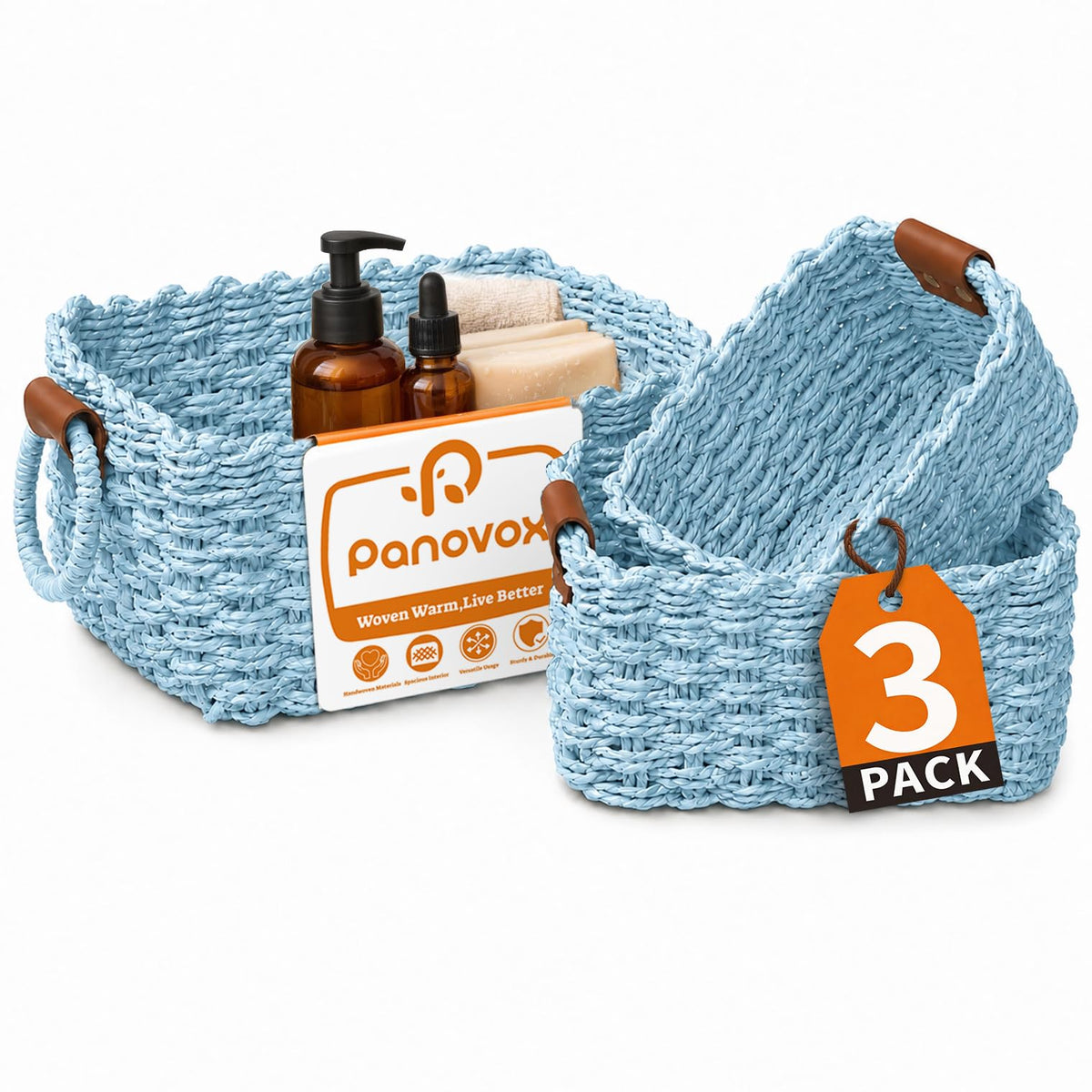 Small Wicker Baskets, 3 PCS Paper Rope Baskets for Shelves, Brown
