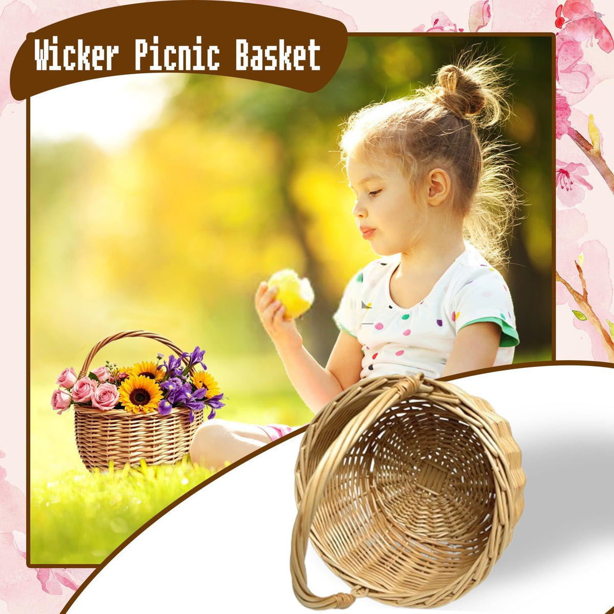 10 x 10in Wicker Basket Rustic Wicker Picnic Basket with Handle Cute Flower Girl Baskets Rattan Easter Baskets Wicker Storage Basket Decorative Basket for Wedding Garden and Home Decor