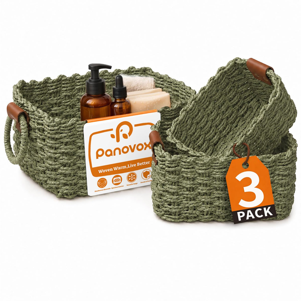 Small Wicker Baskets, 3 PCS Paper Rope Baskets for Shelves, Brown