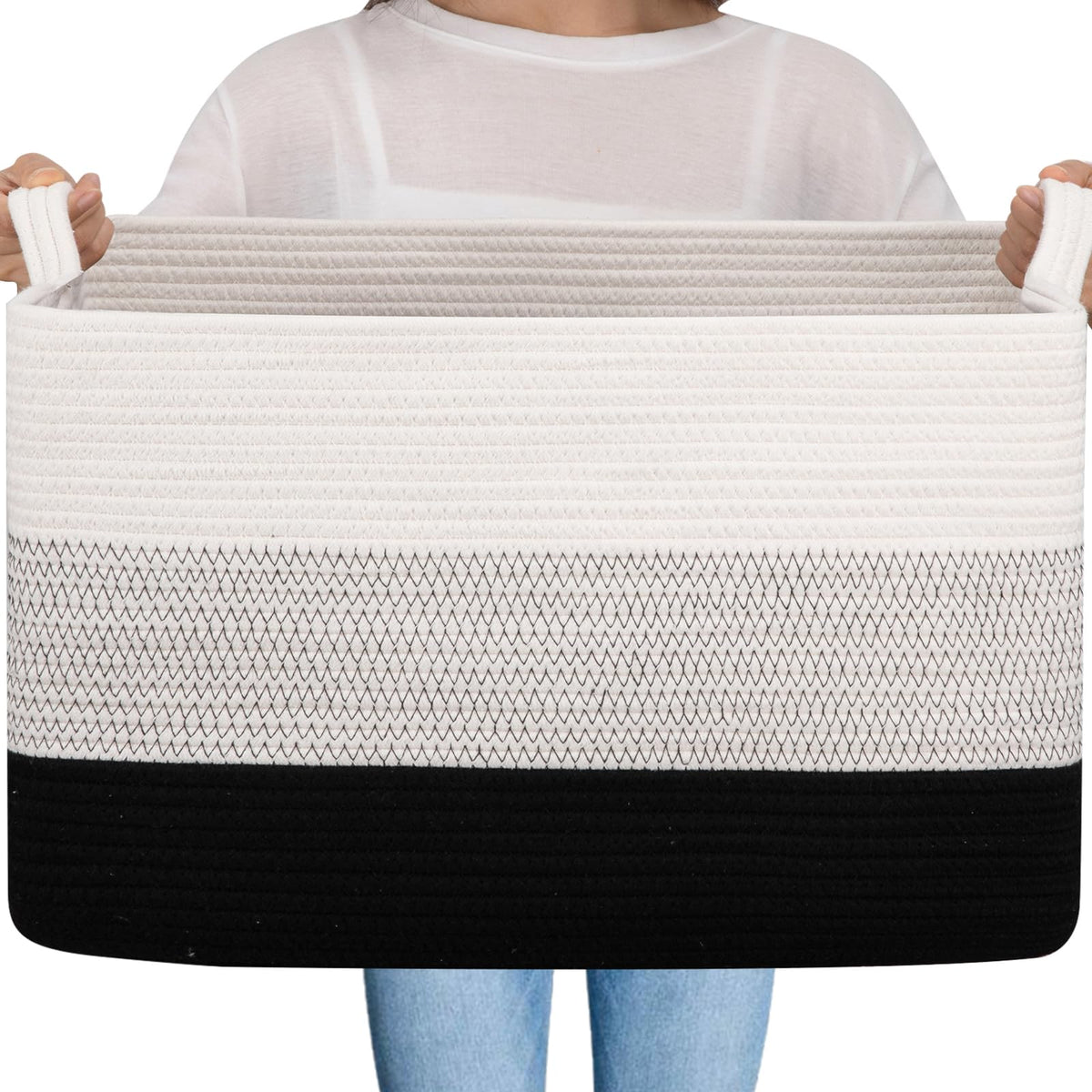 OIAHOMY Extra Large Blanket Basket, 110L Cotton Rope Woven Laundry Basket, Toy Bin for Baby Room, Container for Blanket Storage in Living Room, 24.8''×17.3''×15.8'', Gradient Grey