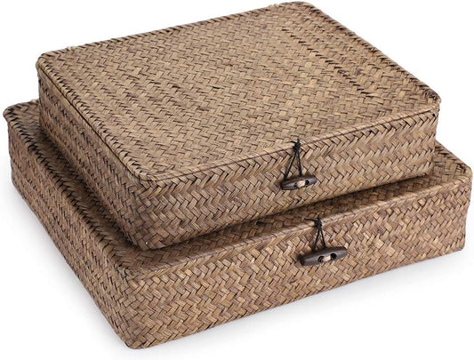 Hipiwe Set of 2 Flat Wicker Storage Basket Bins with Lid Woven Seagrass Box