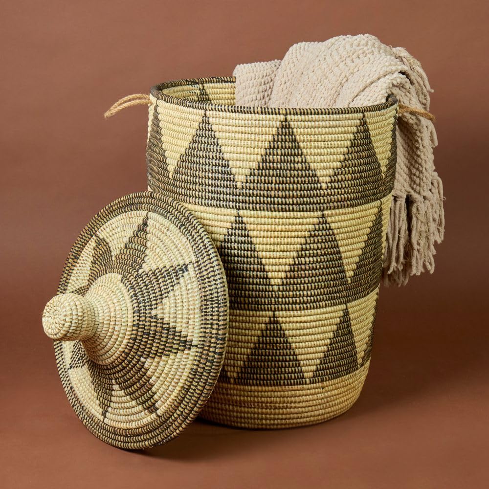 Large Wicker Basket for Storage, Colorful Round African Woven Basket, 18" W x 30" H