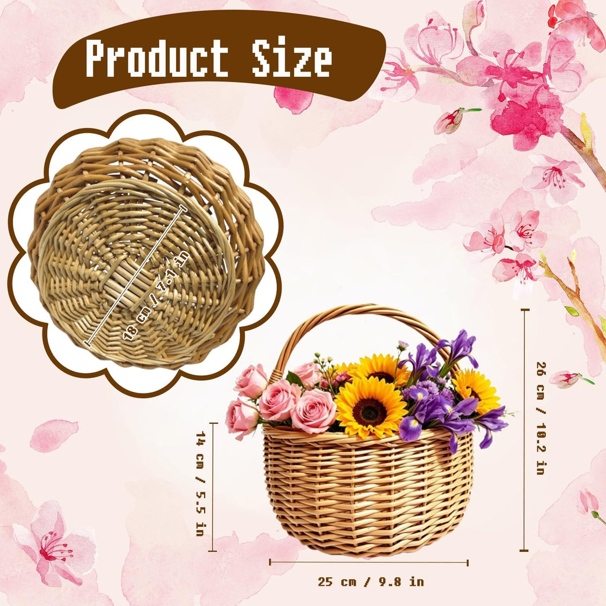10 x 10in Wicker Basket Rustic Wicker Picnic Basket with Handle Cute Flower Girl Baskets Rattan Easter Baskets Wicker Storage Basket Decorative Basket for Wedding Garden and Home Decor