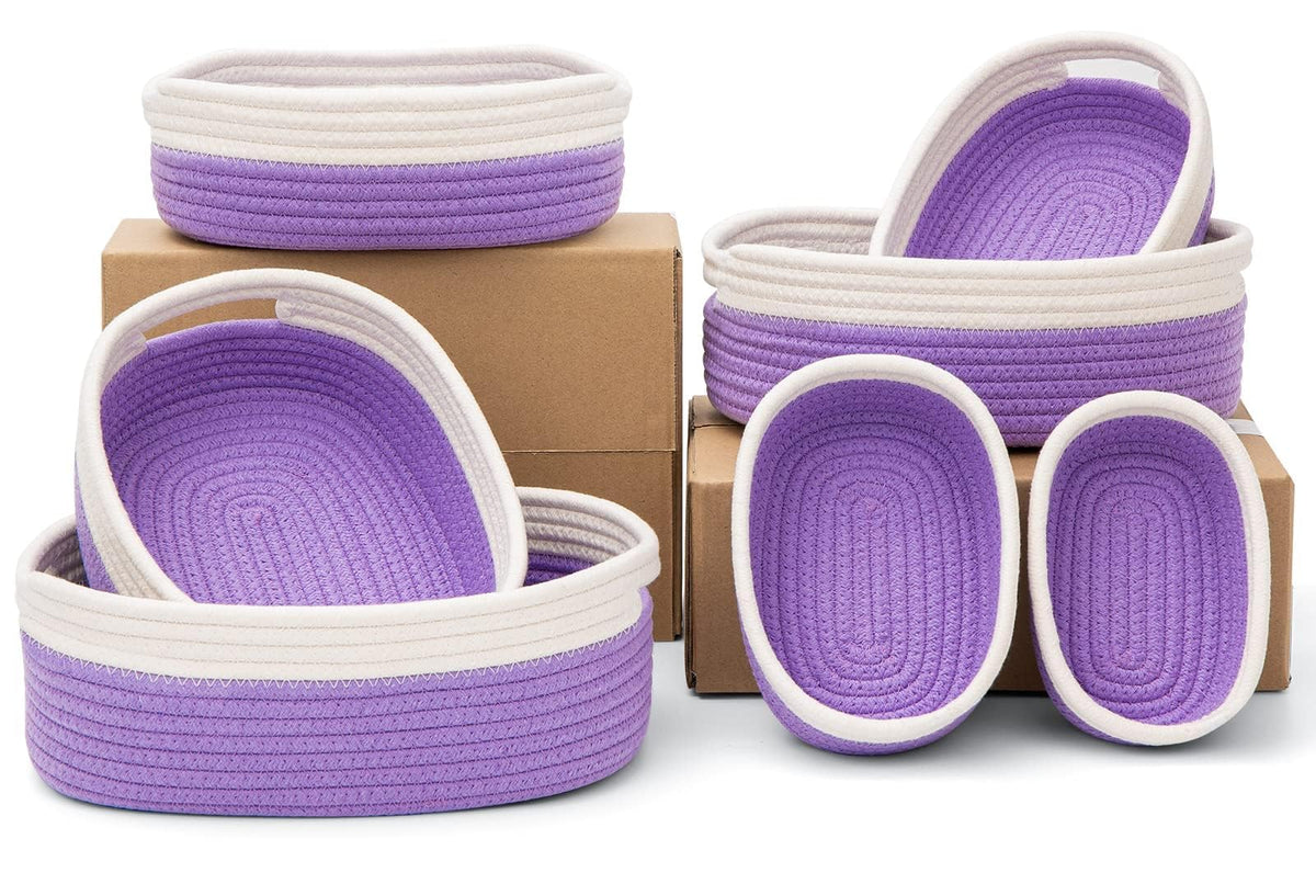 7 Piece Cotton Rope Woven Basket Set - Small Basket for Baby Nursery, Pets, Montessori, Dog & Cat Toy Boxes, Bathroom Organization Bins (White/Gray)