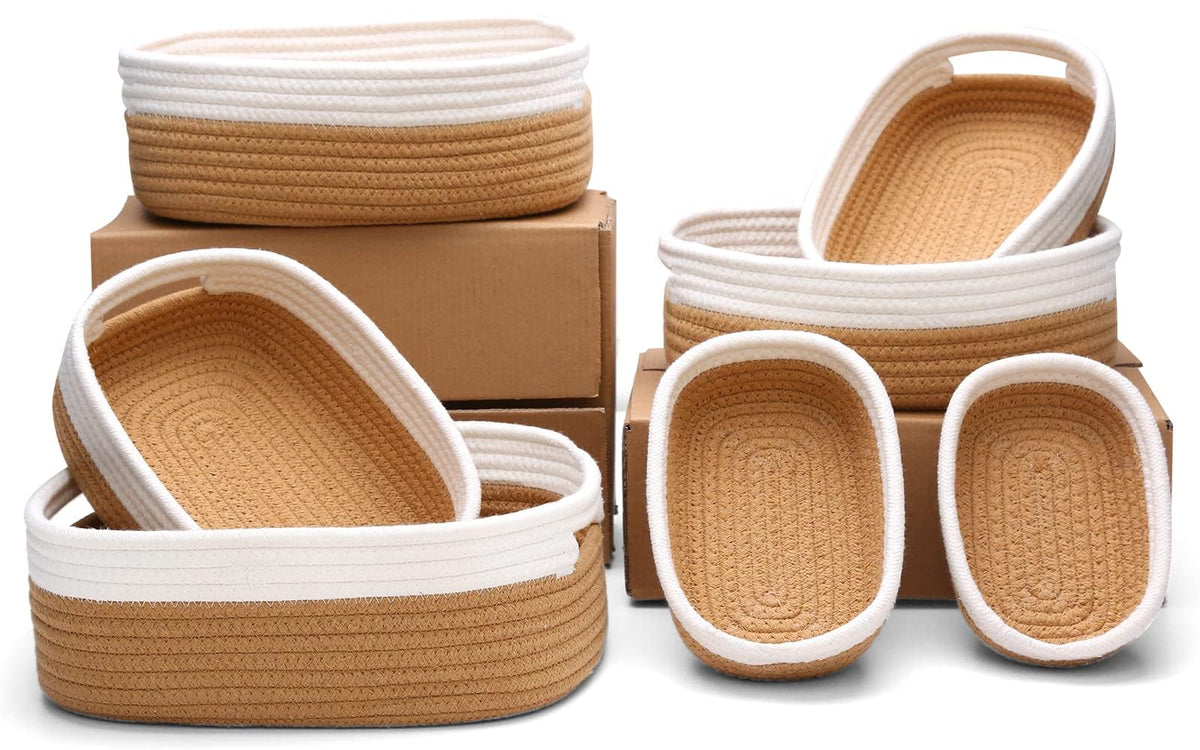 7 Piece Cotton Rope Woven Basket Set - Small Basket for Baby Nursery, Pets, Montessori, Dog & Cat Toy Boxes, Bathroom Organization Bins (White/Gray)