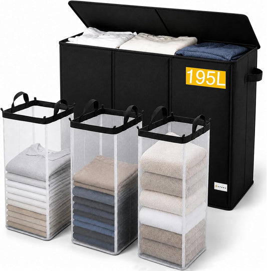 UFORU 195L Laundry Hamper with Lid, 3-Section Sorter for Bedroom & Dorm