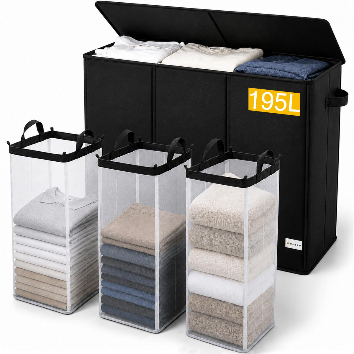 UFORU 195L Laundry Hamper with Lid, 3-Section Sorter for Bedroom & Dorm