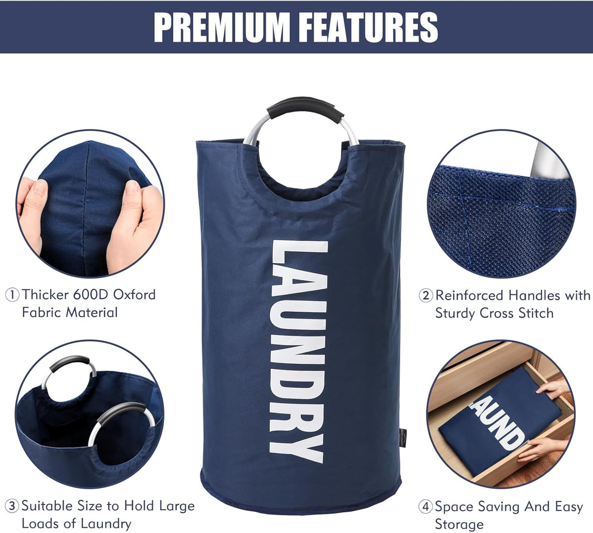 DOKEHOM 125L X-Large Laundry Basket Bag, Collapsible Tall Hamper, Dark Blue