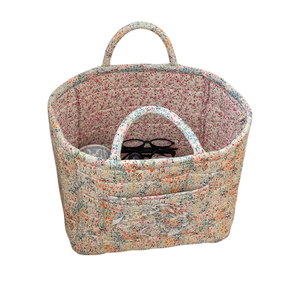 Boho Fabric Storage Basket Quilted Floral Print Baskets Organizer Bin with Handles for Home, Picnic, Shopping (Pink, L)
