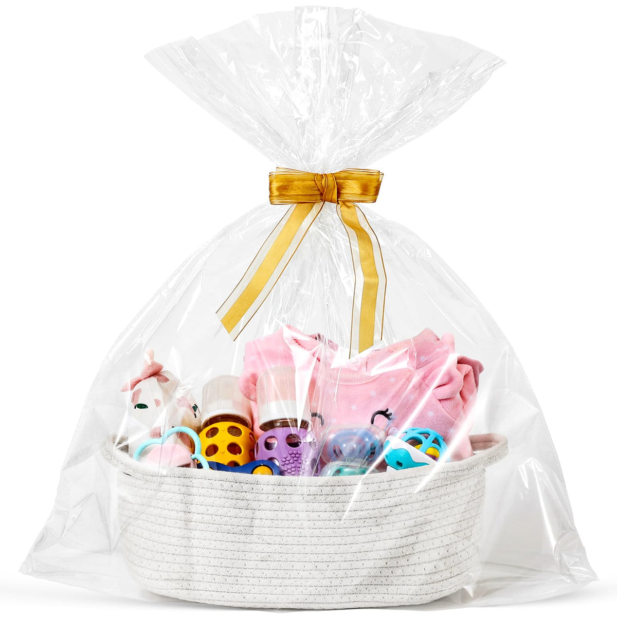 4 Pack Small Woven Basket with Handles, All 12"x 8"x 5", Cotton Rope Room Shelf Storage Basket, Cat Toys, Cute Baby Gift Basket with Gift Bags and Ribbons for Nursery, Empty Decorative Gift Chest Box