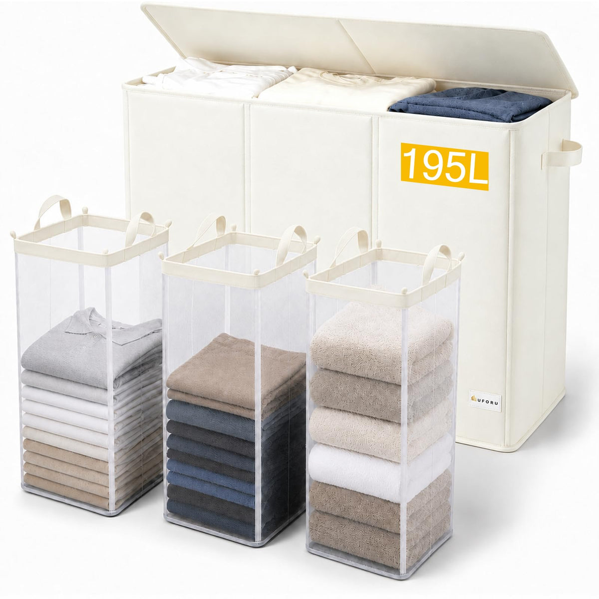 UFORU 195L Laundry Hamper with Lid, 3-Section Sorter for Bedroom & Dorm