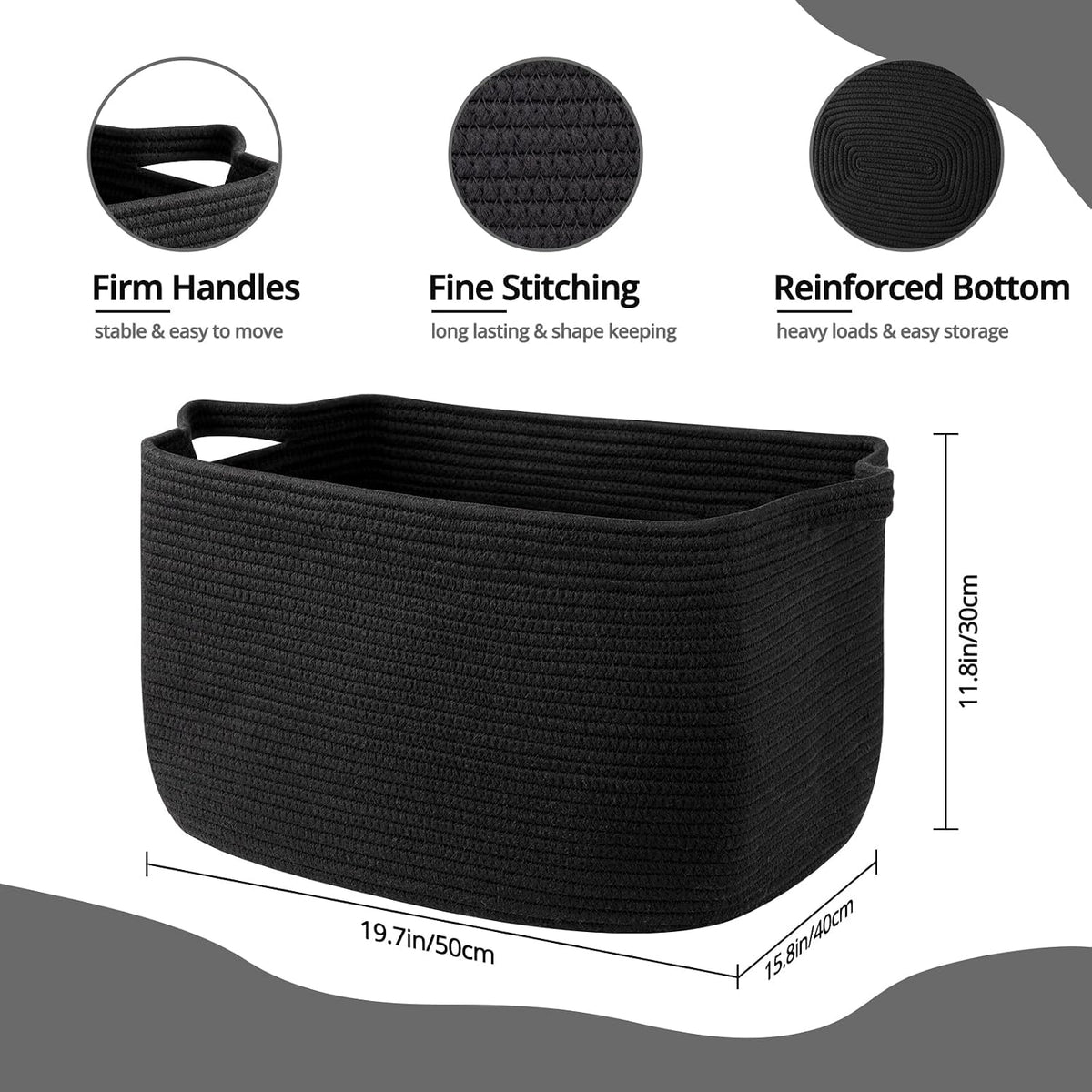 OIASKET Large Blanket Basket, Black Blanket Storage Living Room, Rectangle Woven Baskets for Storage Toys, Towels, Dirty Clothes Organizer Bins (Black)
