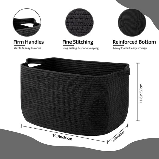 OIASKET Large Blanket Basket, Black Blanket Storage Living Room, Rectangle Woven Baskets for Storage Toys, Towels, Dirty Clothes Organizer Bins (Black)