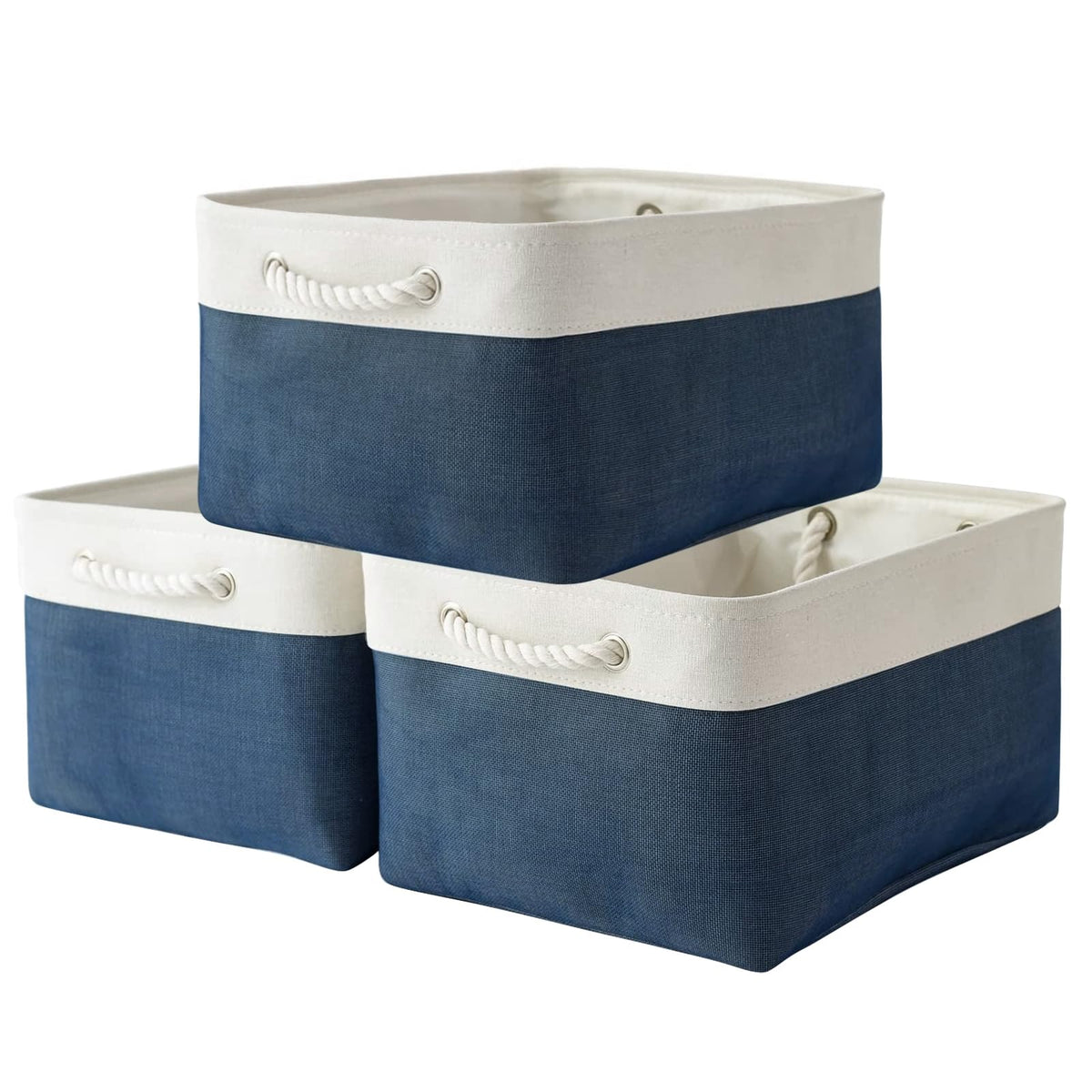 TheWarmHome Storage Basket for Organizing - 14x10x7 inch Medium 3 Pack Collapsible Storage Bin for Shelves with Handles, Canves Storage Box for Organizer Cubes Cloth Gift Toy Closet (White & Khaki)
