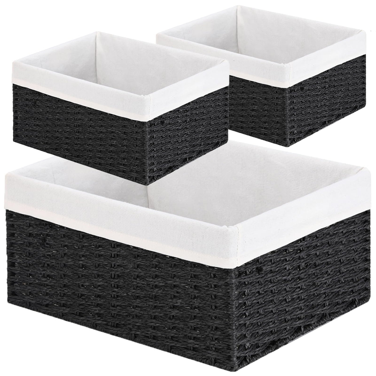 Vagusicc Wicker Storage Basket, 3-Pack Woven Paper Rope Wicker Baskets with Handles, Large Wicker Basket Cube Storage Bins with Liners, Storage Baskets for Organizing Shelves & Decor, Natural