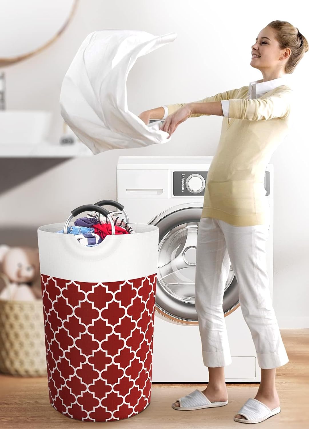 Fabspace Large Laundry Basket Laundry Hamper Bag Washing Bin Clothes Bag Collapsible Tall with Handles Waterproof Travel Bathroom College Essentials Storage for College Dorm, Family, 82L (Red)