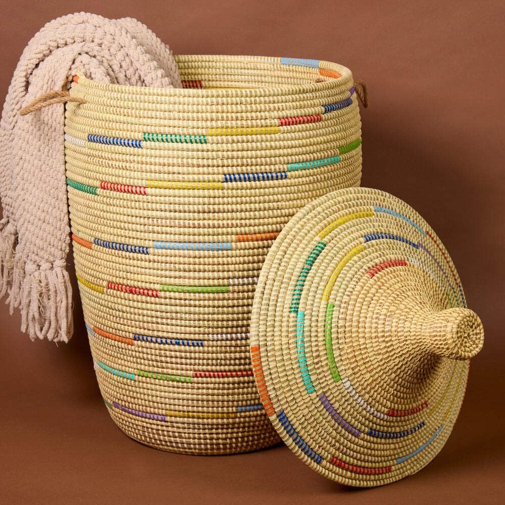 Large Wicker Basket for Storage, Colorful Round African Woven Basket, 18" W x 30" H