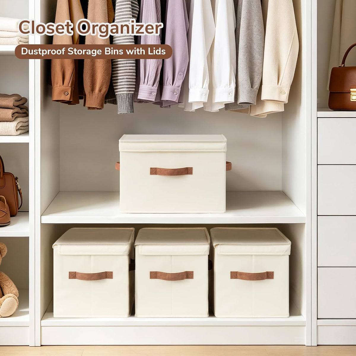 CHICVITA 4-Pack Medium Fabric Storage Baskets with Lids for Shelves,Ivory