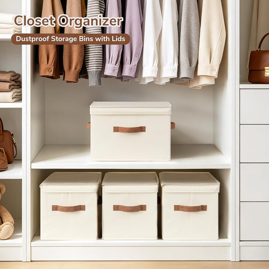 CHICVITA 4-Pack Medium Fabric Storage Baskets with Lids for Shelves,Ivory