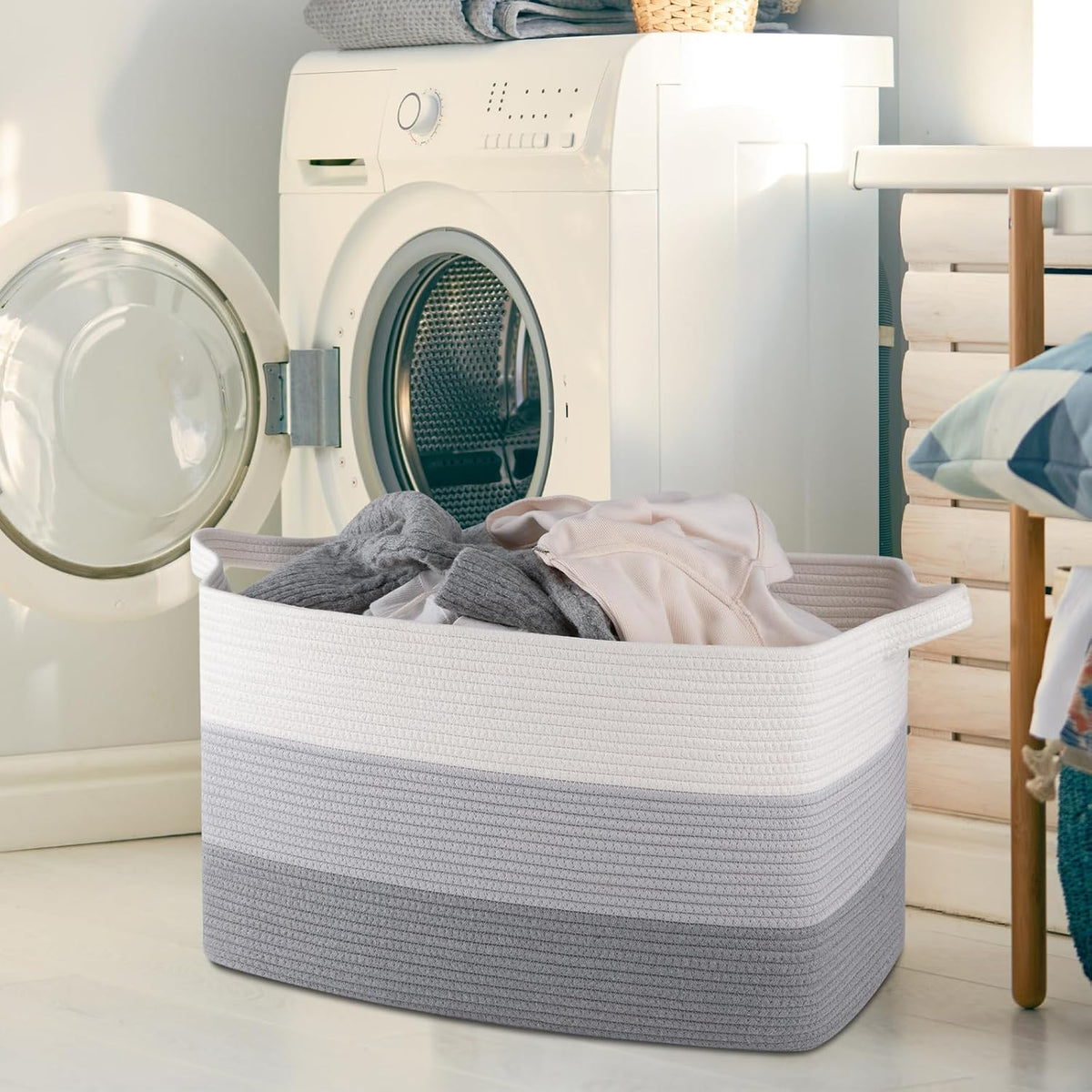 OIAHOMY Extra Large Blanket Basket, 110L Cotton Rope Woven Laundry Basket, Toy Bin for Baby Room, Container for Blanket Storage in Living Room, 24.8''×17.3''×15.8'', Gradient Grey
