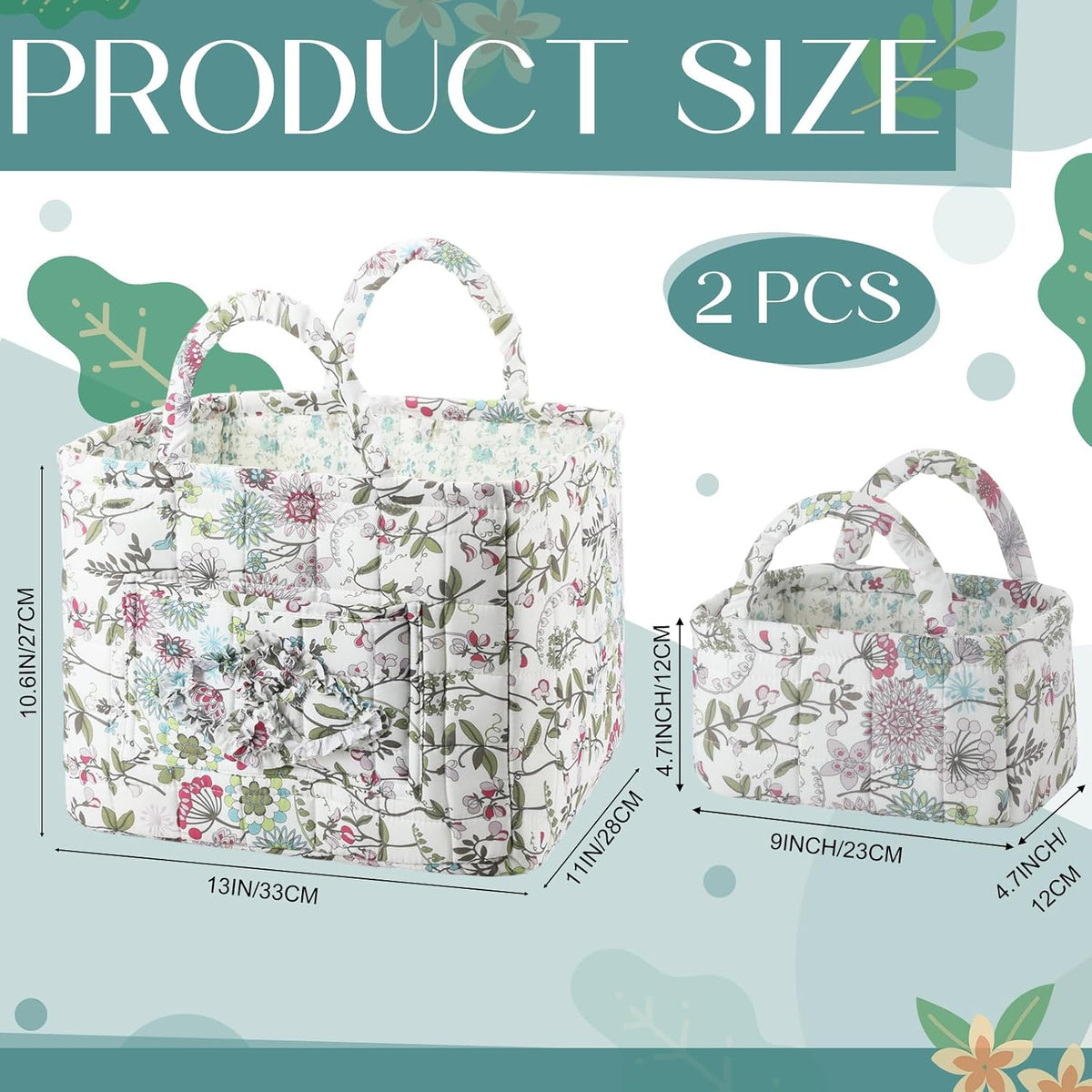 2 Pcs Quilted Fabric Storage Basket with Handles Large Capacity Laundry Basket Boho Foldable Floral Laundry Organizer Bin for Home Picnic Shopping Travel