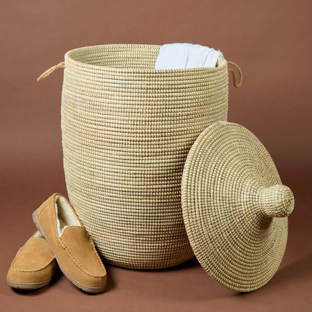 Large Wicker Basket for Storage, Colorful Round African Woven Basket, 18" W x 30" H