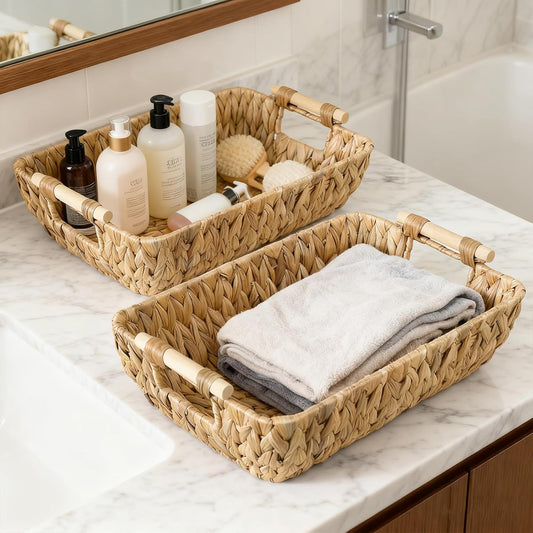 Wicker Baskets with Wooden Handles, Large Water Hyacinth Storage Baskets
