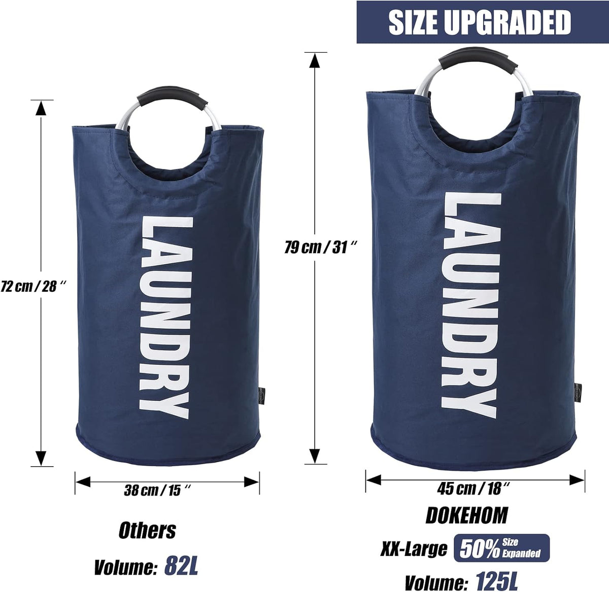 DOKEHOM 125L X-Large Laundry Basket Bag, Collapsible Tall Hamper, Dark Blue