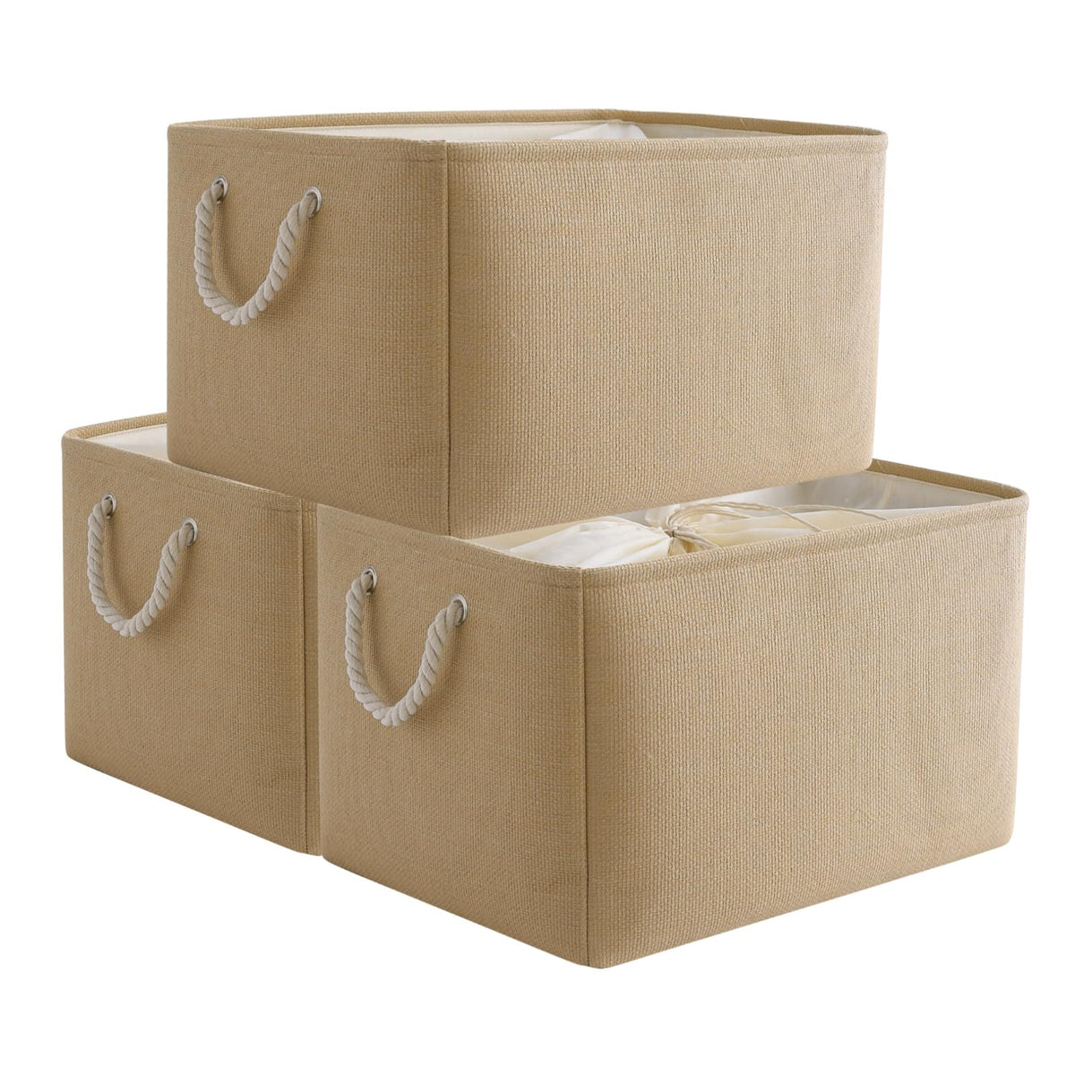TheWarmHome Storage Basket for Organizing - 14x10x7 inch Medium 3 Pack Collapsible Storage Bin for Shelves with Handles, Canves Storage Box for Organizer Cubes Cloth Gift Toy Closet (White & Khaki)