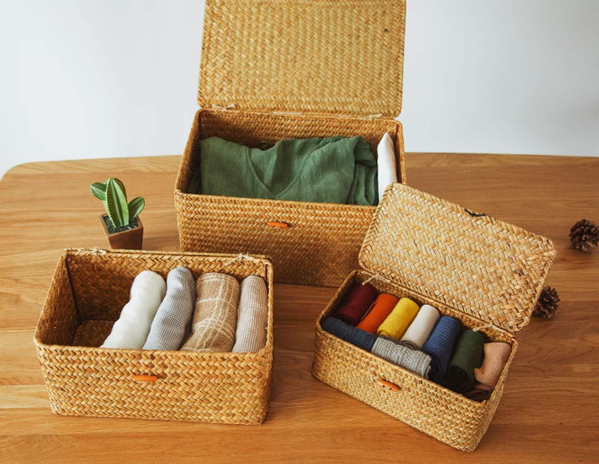 Yesland Small Shelf Baskets with Lid Set of 3, Compact Handwoven Seagrass Storage Bins Rectangular Wicker Basket for Shelf Organizer, Closet, Desktop