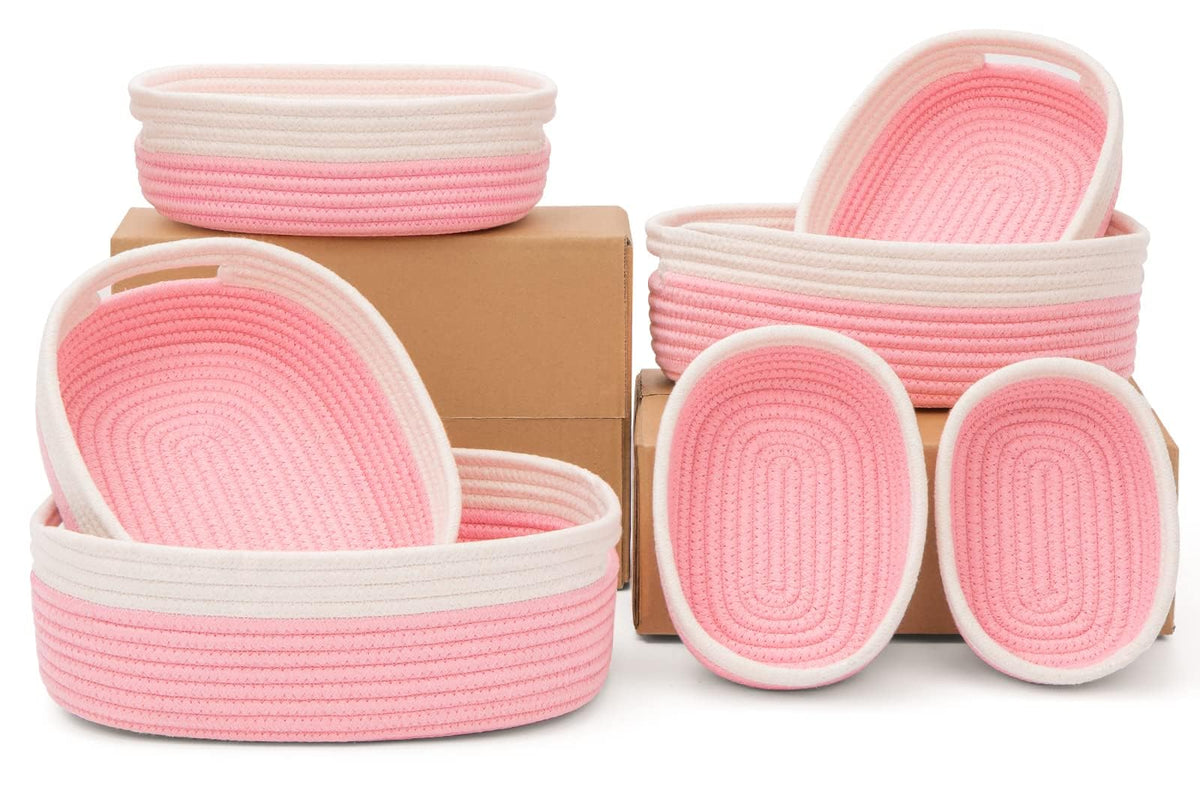 7 Piece Cotton Rope Woven Basket Set - Small Basket for Baby Nursery, Pets, Montessori, Dog & Cat Toy Boxes, Bathroom Organization Bins (White/Gray)