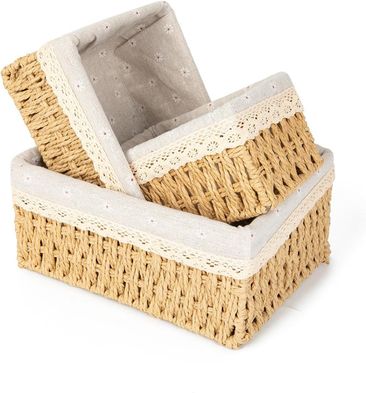 Wicker Baskets with Liner for Counter, Natural Paper Rope Rattan Storage Basket,Hand Woven Pantry Table Organizer Bins for Bedroom Living Room Bathroom School Shelves Office Desk (3 Pack Beige)