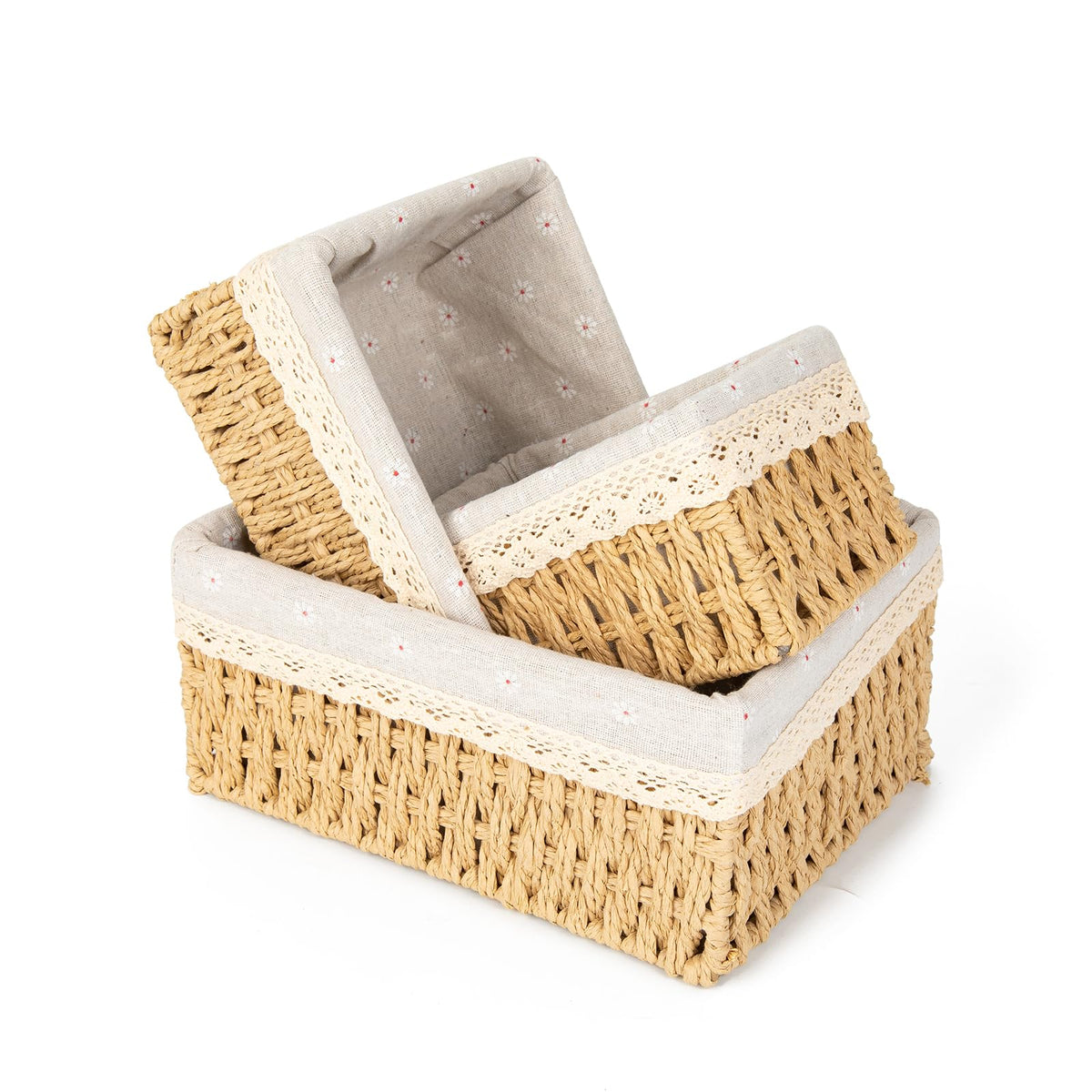 Wicker Baskets with Liner for Counter, Natural Paper Rope Rattan Storage Basket,Hand Woven Pantry Table Organizer Bins for Bedroom Living Room Bathroom School Shelves Office Desk (3 Pack Beige)