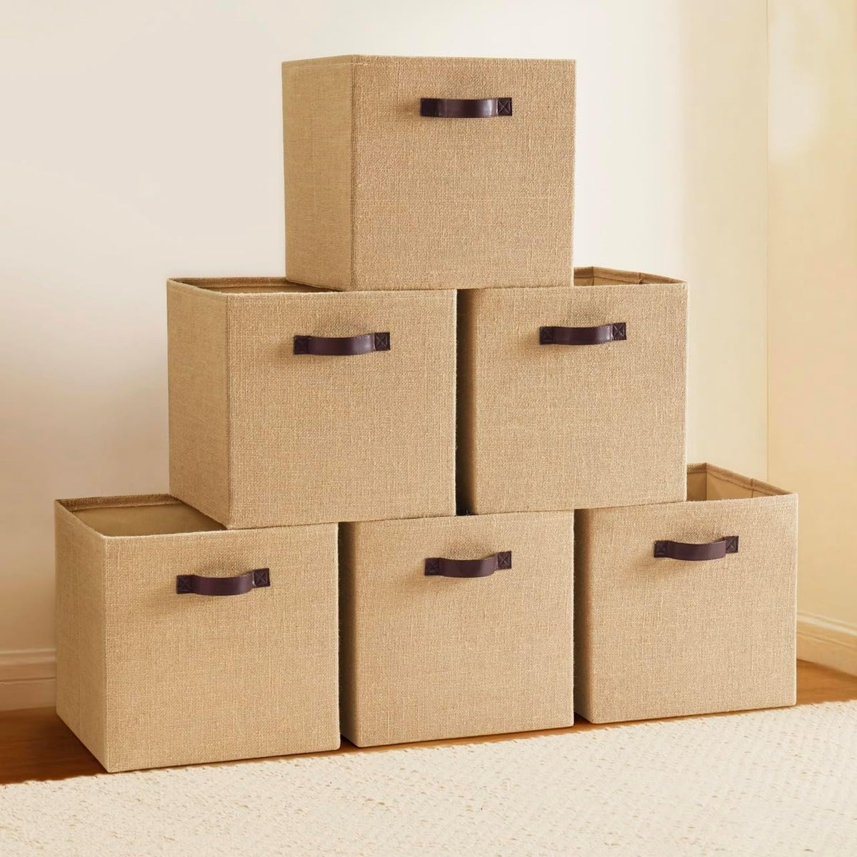 Ornavo Home 10.5x10.5 Jute Storage Cube Bins, 6 Pack, Leather Handles
