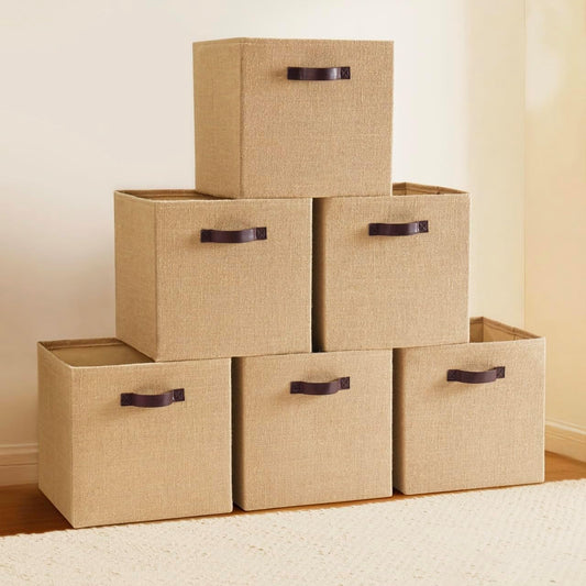 Ornavo Home 10.5x10.5 Jute Storage Cube Bins, 6 Pack, Leather Handles