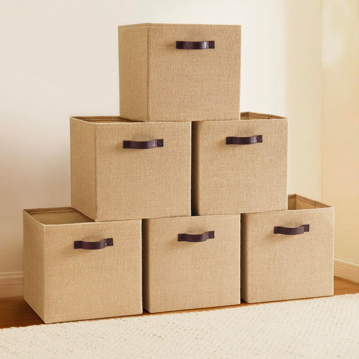 Ornavo Home 10.5x10.5 Jute Storage Cube Bins, 6 Pack, Leather Handles