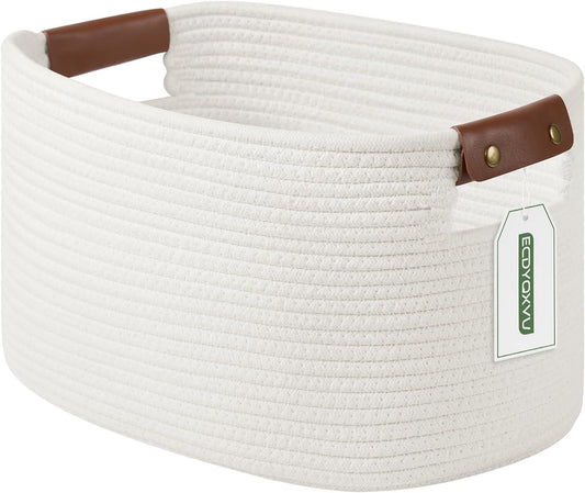 ECDYQXVU 15x10x9 Woven Cotton Rope Storage Basket, Leather Handles 1 Pack