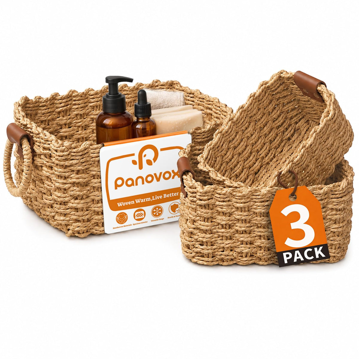 Small Wicker Baskets, 3 PCS Paper Rope Baskets for Shelves, Brown