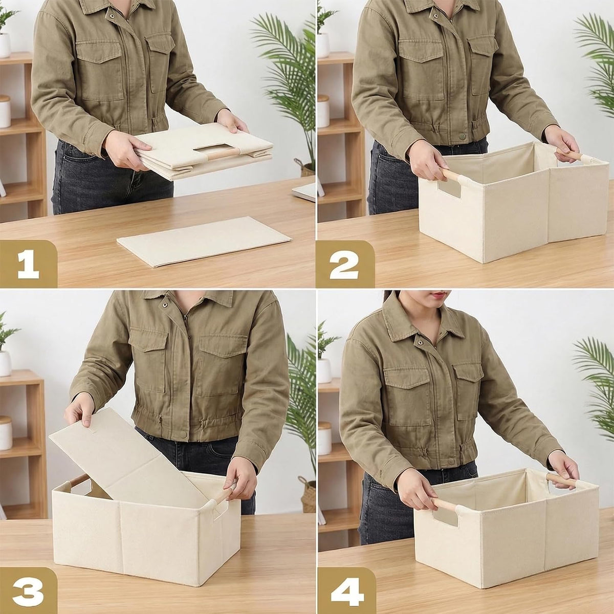 Foldable Fabric Storage Cubes, 2 Packs Cloth Storage Baskets with Wooden Handles, Collapsible Shelf Closet Organizer Bins, Rectangular Storage Boxes for Decor (Beige 2 Pack)