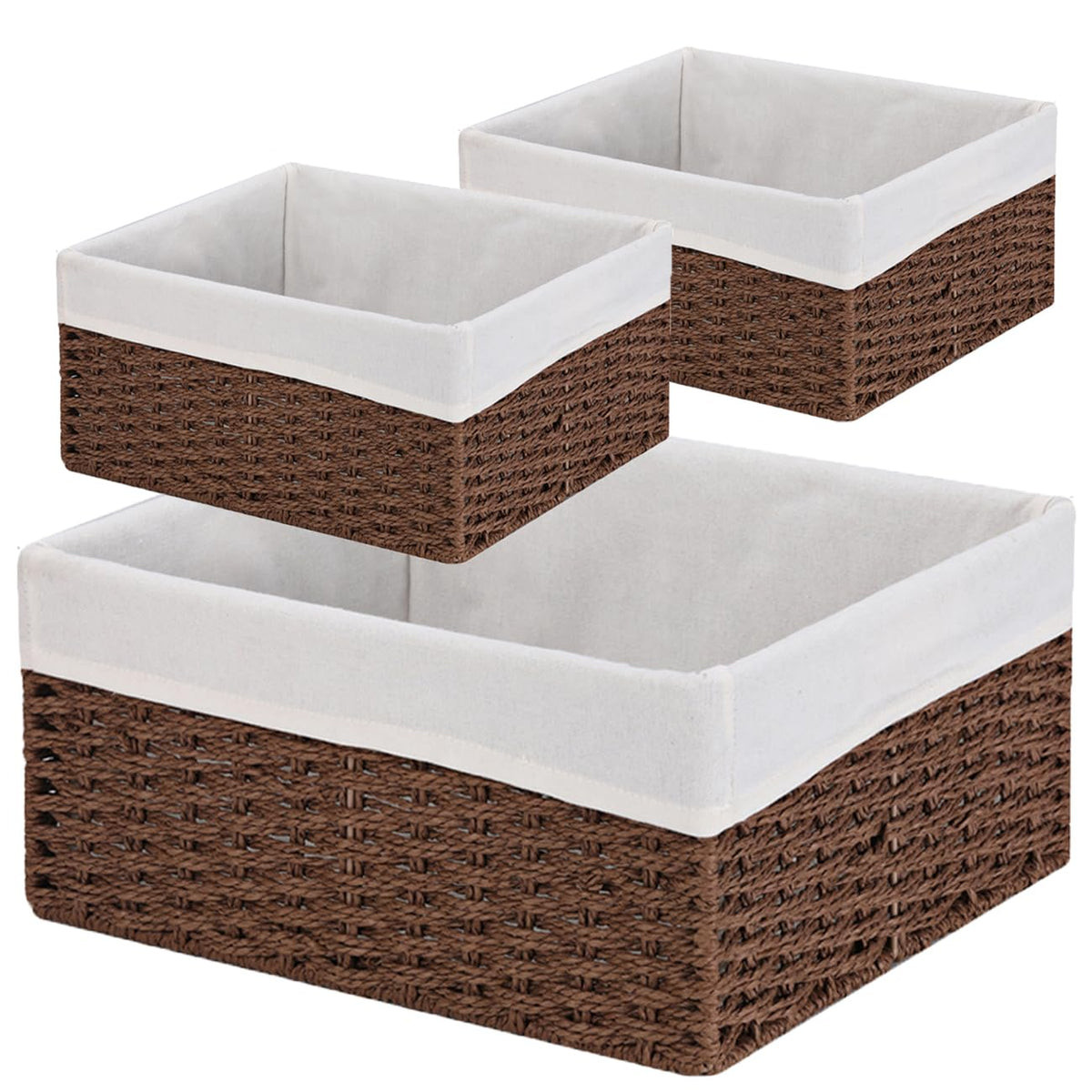Vagusicc Wicker Storage Basket, 3-Pack Woven Paper Rope Wicker Baskets with Handles, Large Wicker Basket Cube Storage Bins with Liners, Storage Baskets for Organizing Shelves & Decor, Natural