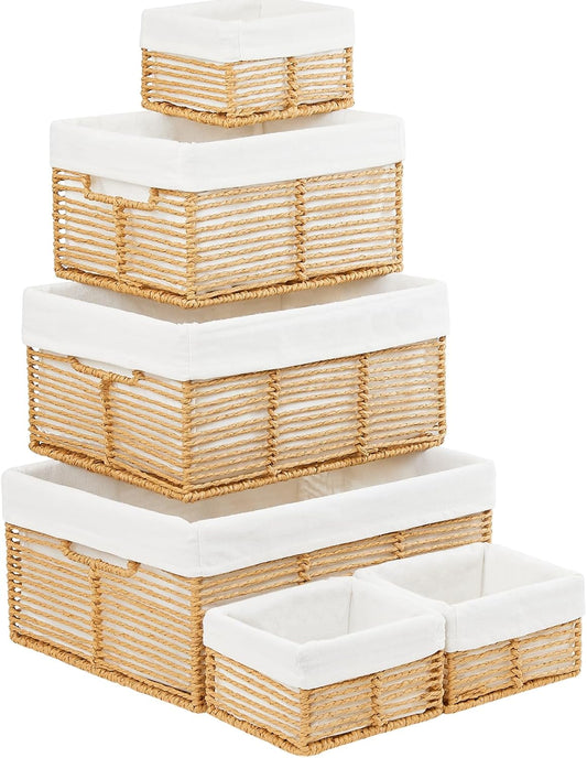 Vagusicc Wicker Storage Basket, 6 Pack Baskets for Organizing, Wicker Baskets with Handle, Rectangular Woven Basket for Storage Shelves, Cube Storage Bins for Closet/Clothes/Dresser, Natural