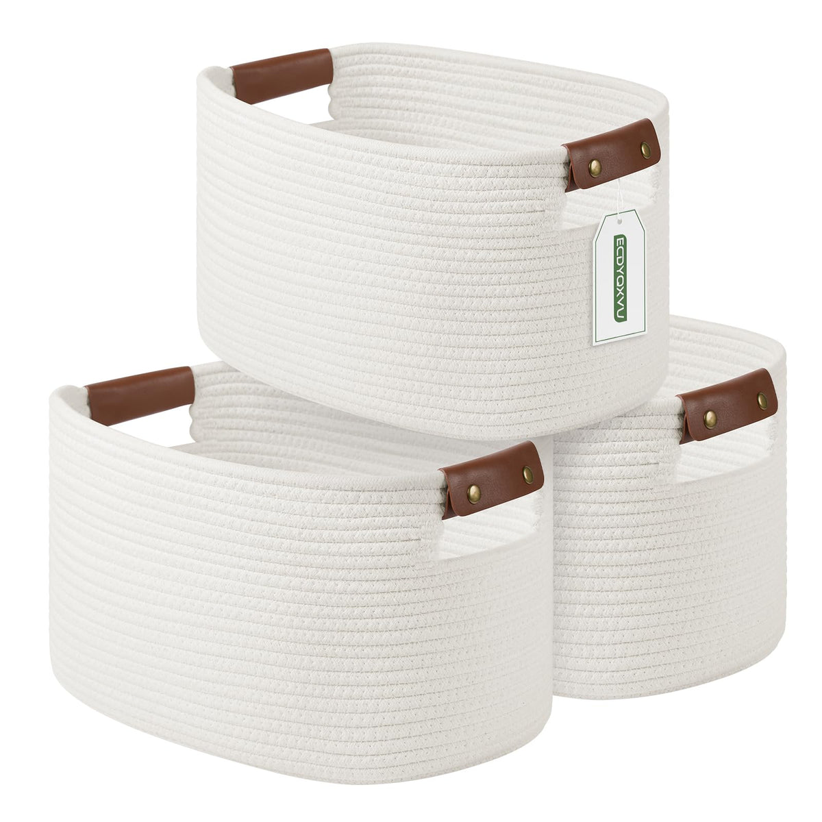 ECDYQXVU 15x10x9 Woven Cotton Rope Storage Basket, Leather Handles 1 Pack