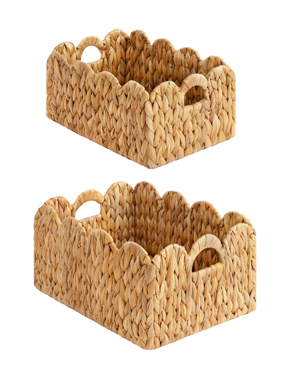 StorageWorks Scalloped Edge Wicker Basket, Hand-woven Rattan Baskets with Built-in Handles, Water Hyacinth Basket for Organizing and Decor, 2 Pack