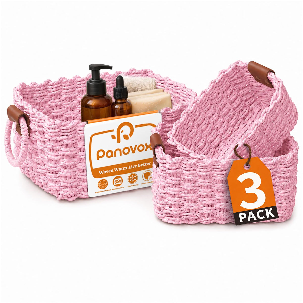 Small Wicker Baskets, 3 PCS Paper Rope Baskets for Shelves, Brown