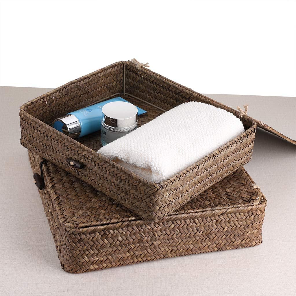 Hipiwe Set of 2 Flat Wicker Storage Basket Bins with Lid Woven Seagrass Box